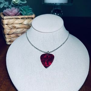 Men’s Red Marbleized Guitar Pick Silver Ball Chain Necklace, 23”